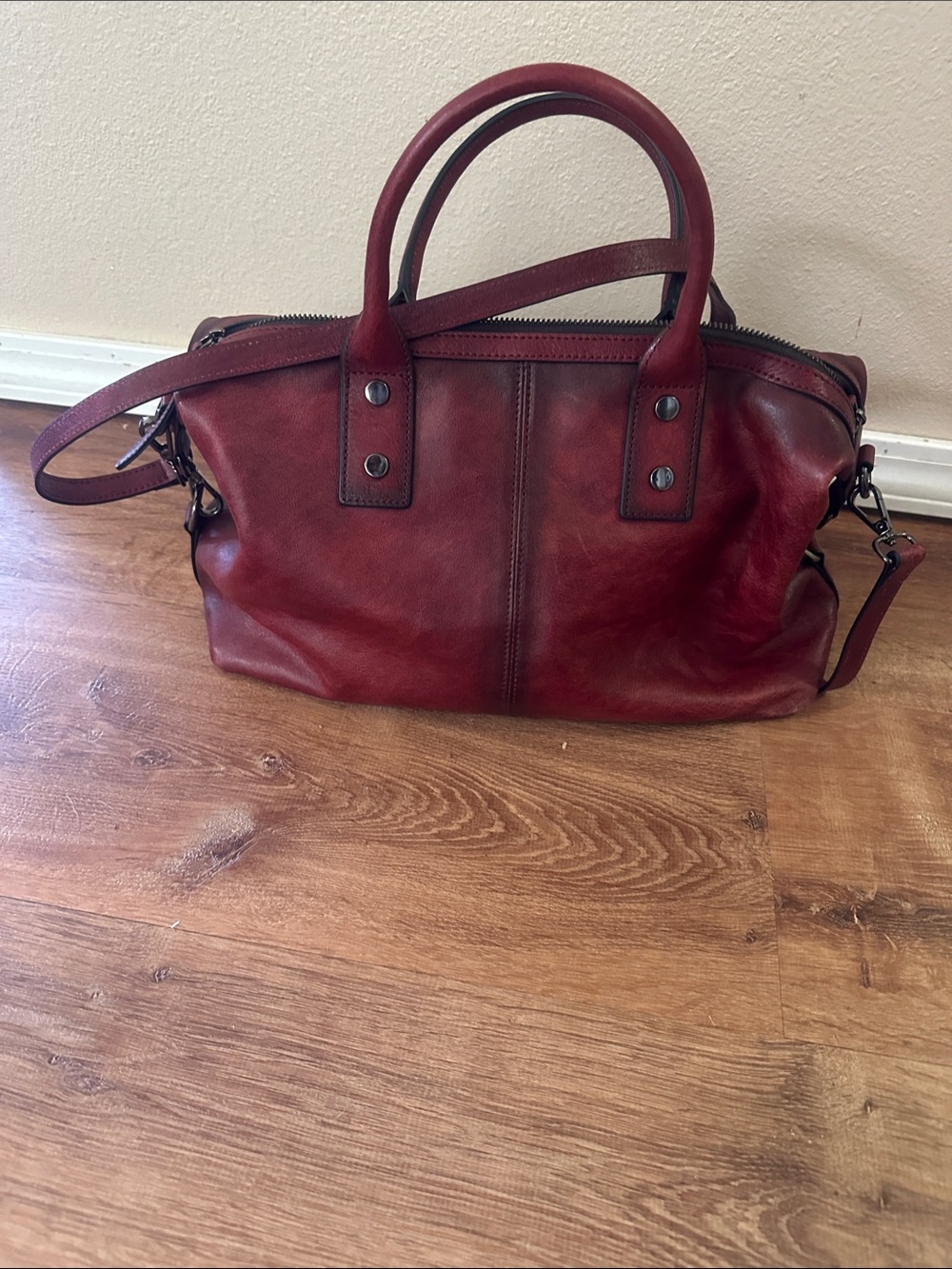 Structured Leather Satchel Bag in Deep Red